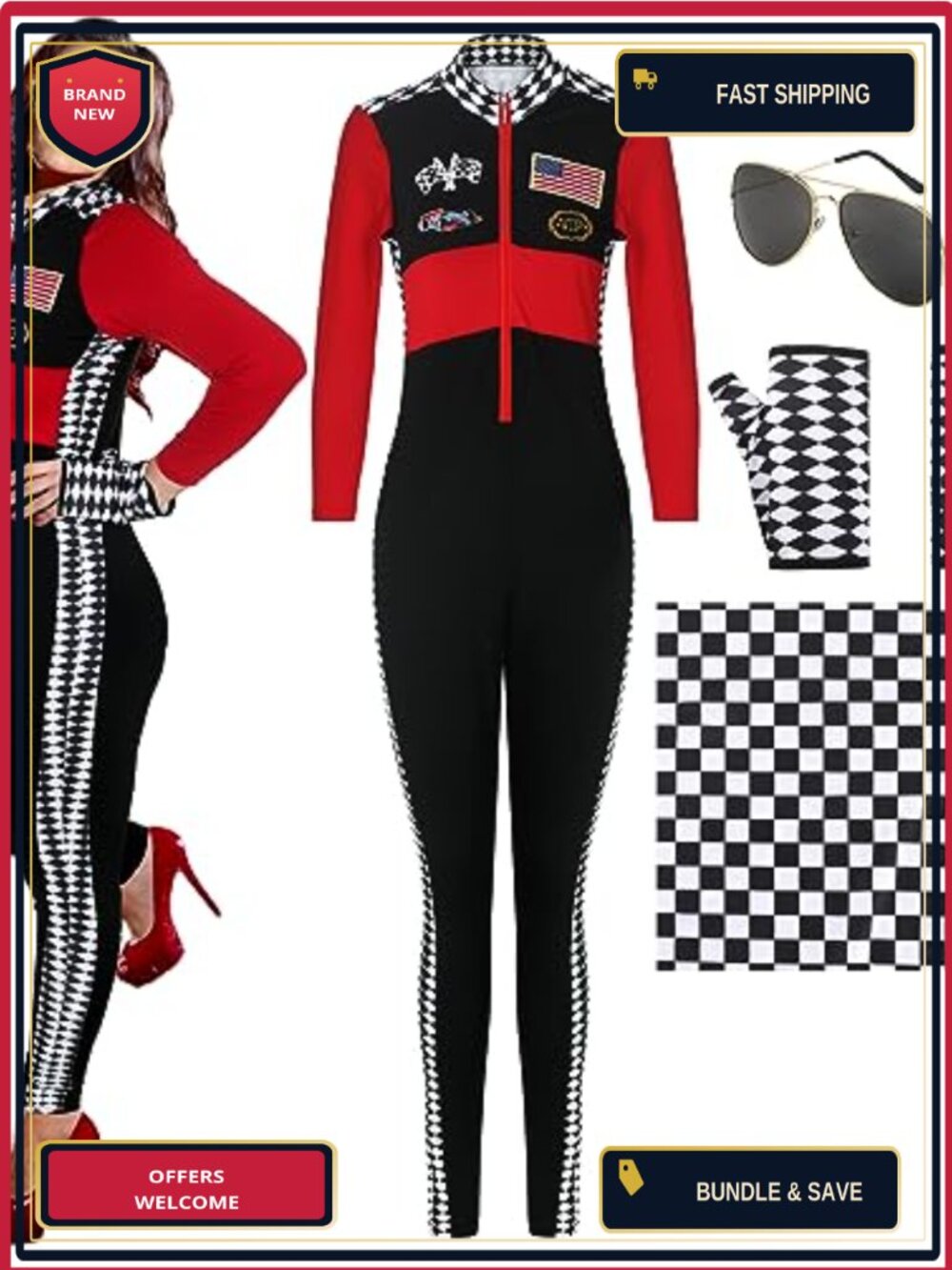 Women's Halloween Racer Driver Costume Jumpsuit Set with Accessories
